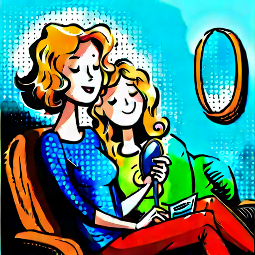A playful cartoon illustration showing a mother and daughter sitting on a couch, captivated by a mirror in front of them. They are engaged in a lighthearted ventriloquism practice, with their mouths closed and expressions of joy on their faces.